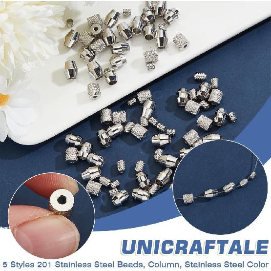 UNICRAFTALE 100Pcs 5 Styles Paracord Bead Grooved Column Beads Metal Lanyard Beads Column Spacer Beads Stainless Steel European Beads Bracelet Beads