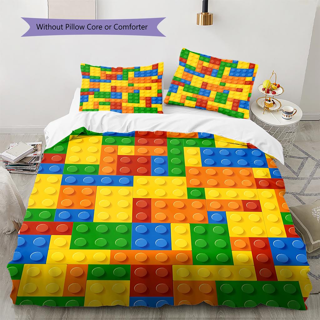 Building Blocks Pattern Bedding Quilt Set Quilt Cover Pillowcase Home Decoration Gift (1 * Duvet Cover + 2 * Pillowcase, Without Core)