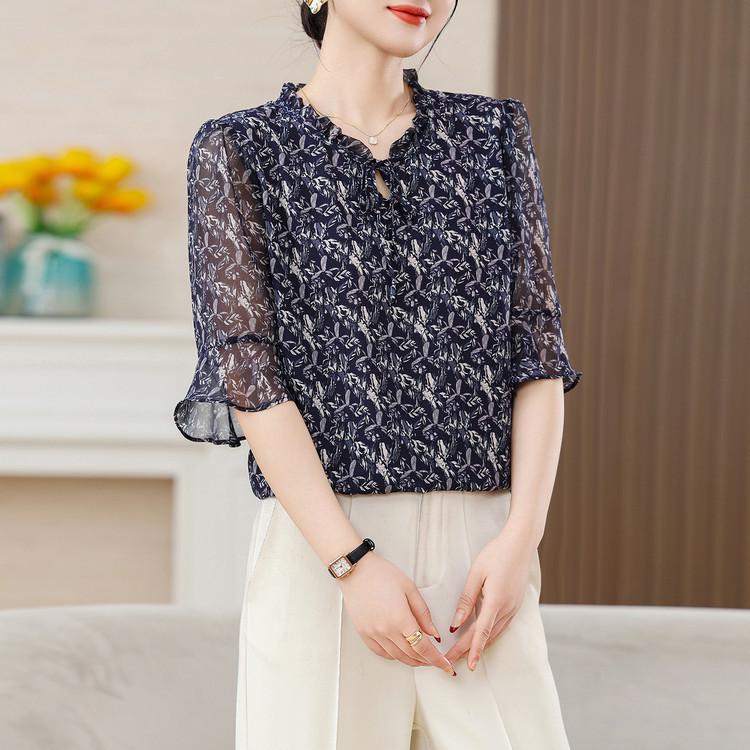 2026 Summer/Spring Floral Chiffon Bell Sleeve Lace Top 3XL