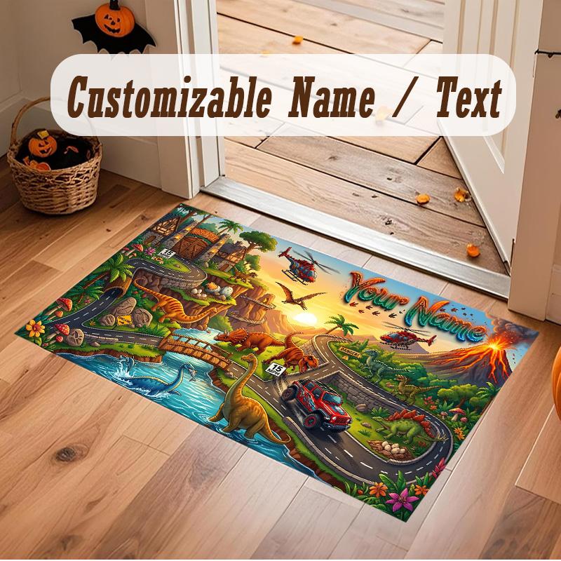 Dinosaur Theme Soft Crystal Velvet Rug Custom Name & Text Print Non Slip Floor Rug for Bedroom Living Room