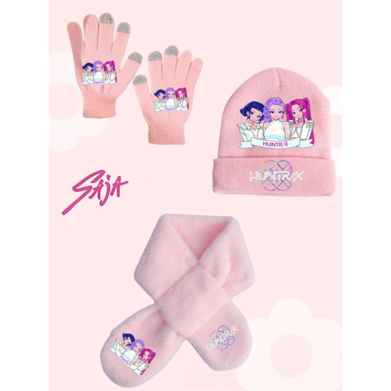 Witch Hunt Girl Winter Warm Knitted Hat Scarf Glove 3-Piece Set Anime Cartoon Children Cute