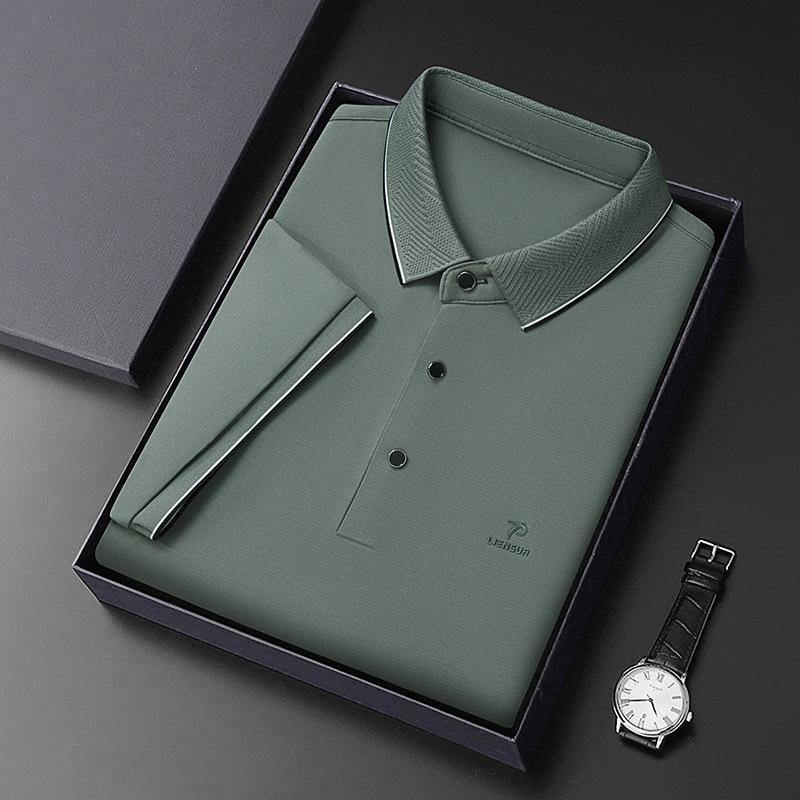 Short Sleeve Polo Men'S Short Sleeve Lapel Solid Color Loose T-Shirt Machine Washable Clothes Ice Silk High-End Clothing