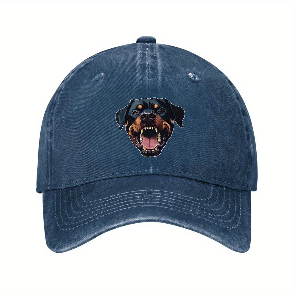 1pc Rottweiler Dog Head Baseball Cap - Fierce Open-Mouth Graphic, 100% Denim, Adjustable Vintage Washed