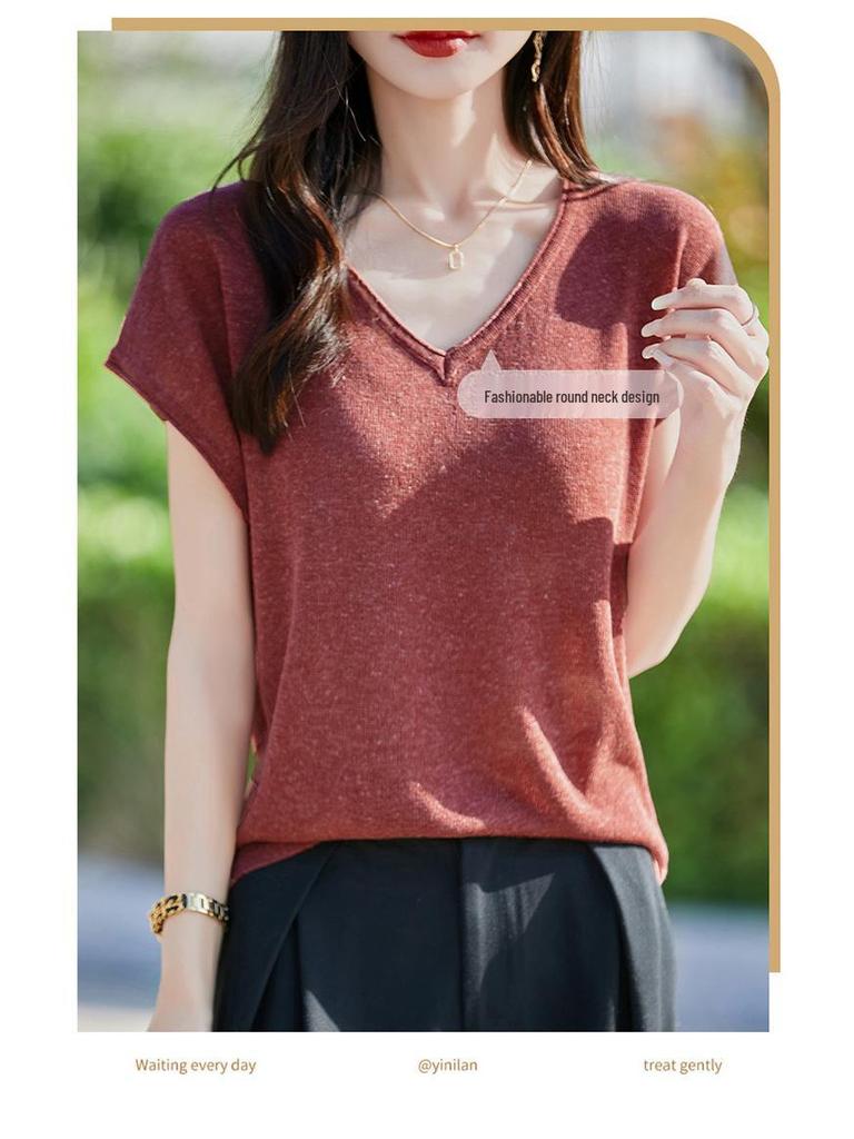 Women's V-Neck Lyocell Linen Knit T-Shirt - Spring/Summer 2026