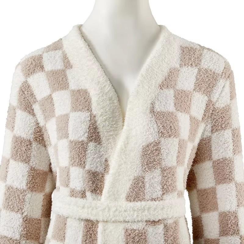 Thick Plaid Fleece Robe Women Long Sleeve V-Neck Hooded Sleepwear Cozy Home Lounge Wear Winter Fall