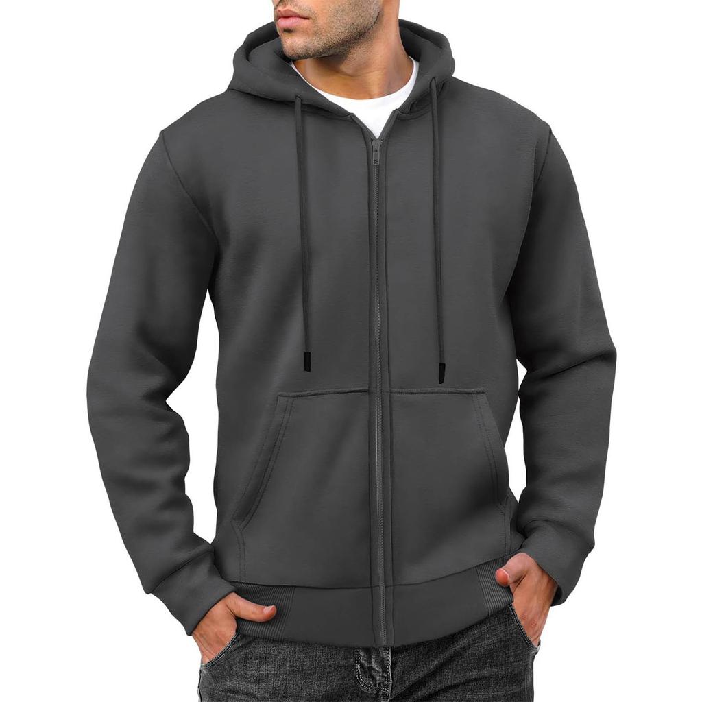 Men's Casual Loose Color Zippered Fleece Hooded Sweatshirt Sports Jacket