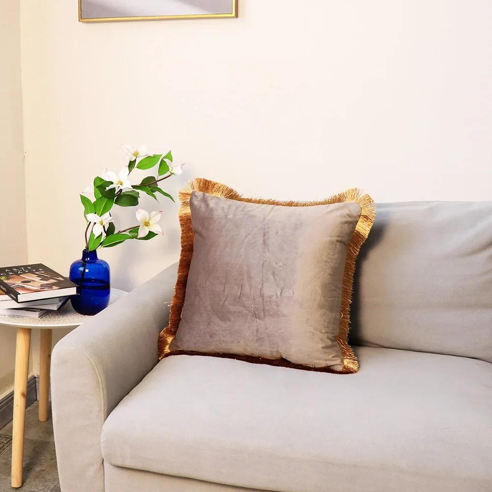 Velvet Cushion Cover with Gold Tassels Edge, Monochromatic Pillowcase, Decorative Sample Room, Bed and Sofa