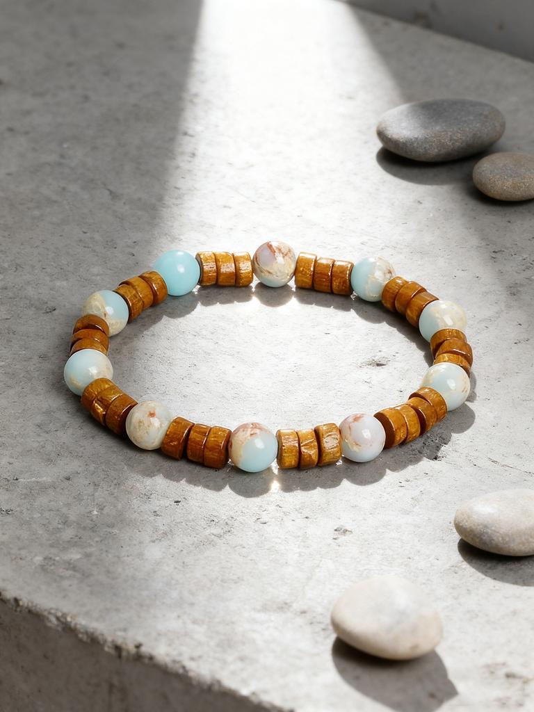 Healing Beaded Bracelet Natural Stone Vintage Yellow Wood Slice & Shoushan Stone Bead for Energy Reiki & Spiritual Charm Jewelry