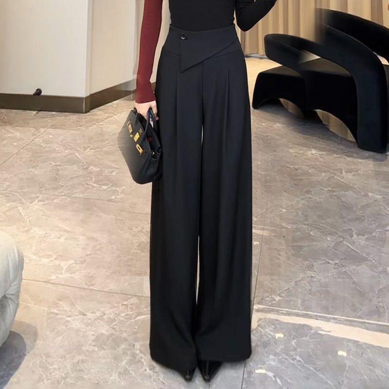 

ВеснаЛето Высокий Класс Черные С Завышенной Талией Широкие Брюки-Костюм для Женщин Длина в Пол Стройнящие Прямые Повседневные Брюки XL чёрный