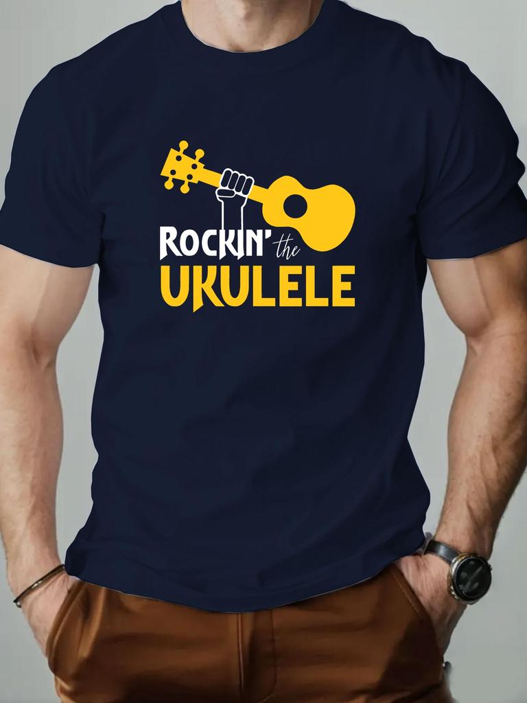 Men's Short Sleeve T-Shirt Rockin' the Ukulele Graphic Print Music Theme Casual Streetwear Summer Trendy Fashion Tee Top