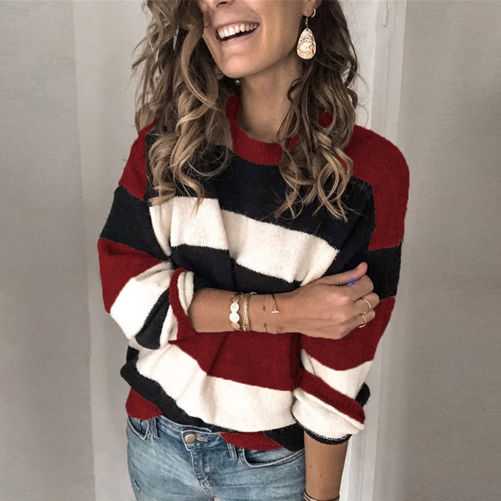 Fashion Women  Long Sleeve Striped Print Casual Knitted Loose Sweater Top