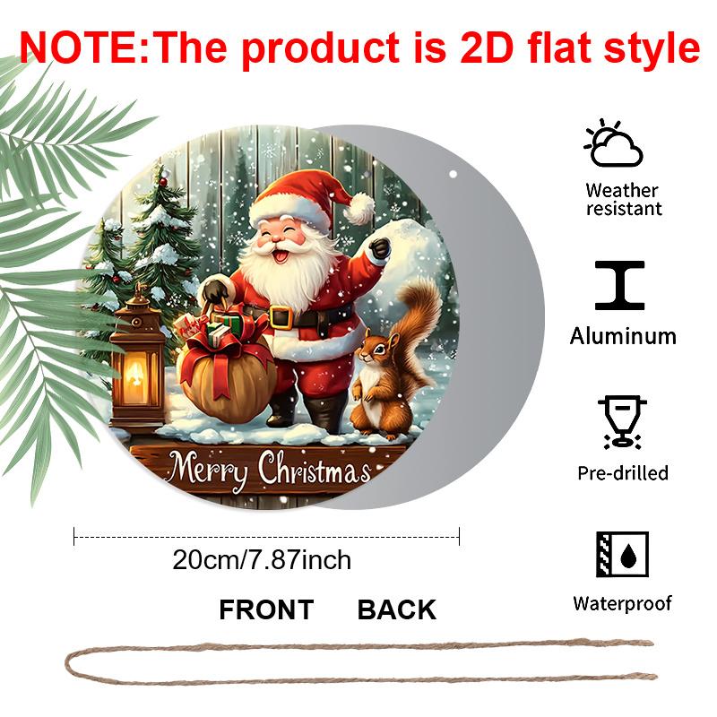 2D Flat, 1pc Rustic Farmhouse Round Aluminum Hanging Sign - Vintage Santa & Squirrel Christmas Holiday Decoration for Door/Wall Ornament, Suitable