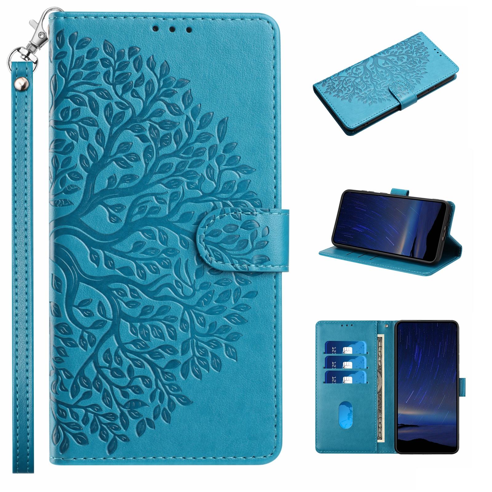 

For iPhone Air Leather Case Tree Imprint Wallet Stand Folio Phone Cover with Wrist Strap
