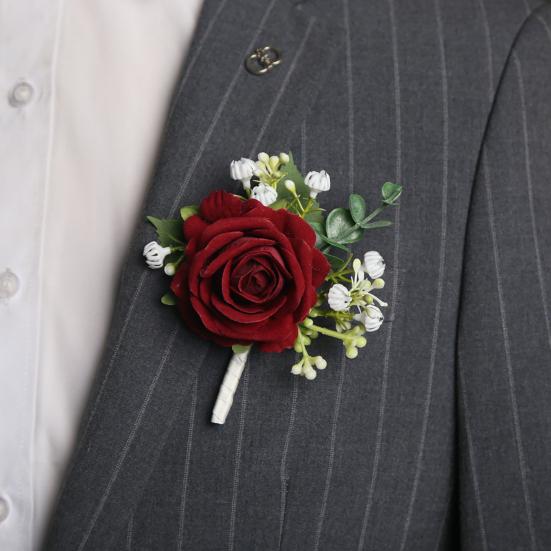 Suit Corsage Wedding Wristlet Band with Faux Pearl Embellished Simulated Roses Bride Groom Romantic Floral Accessories Prom Decoration