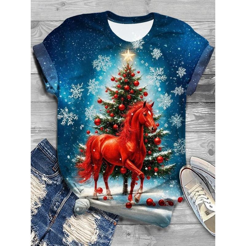 Womens Slim Fit Round Neck Short Sleeve T-Shirt With 3D Santa Claus Print Soft Cotton-Feel Fabric Casual Office Wear