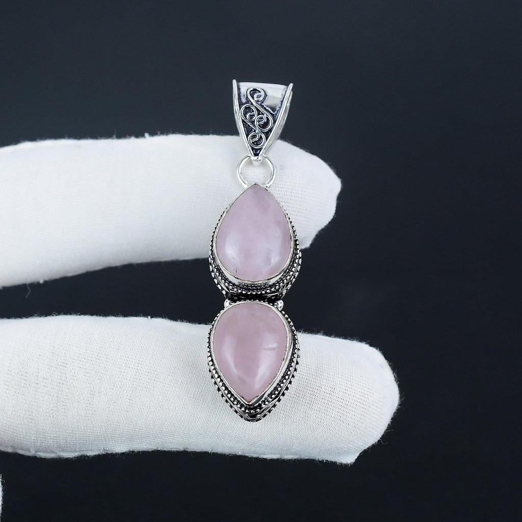 Natural Rose Quartz Gemstone Silver Pendant in 925 Sterling Silver - Handmade Pear Design, Everyday Wear Jewelry Engagement Gift