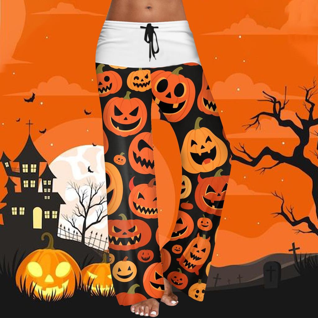 Women's Drawstring Elastic Waistband Wide Leg Color Matching Halloween Printed Casual Pants