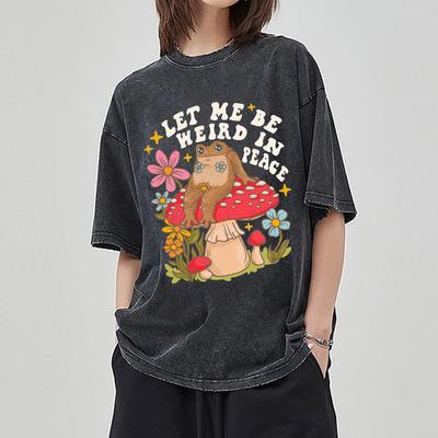 Sago Filmtema Groda Svamp Tryck Dam T-shirt Tvättad Denim Lös Rund Hals Kort Ärm Unisex