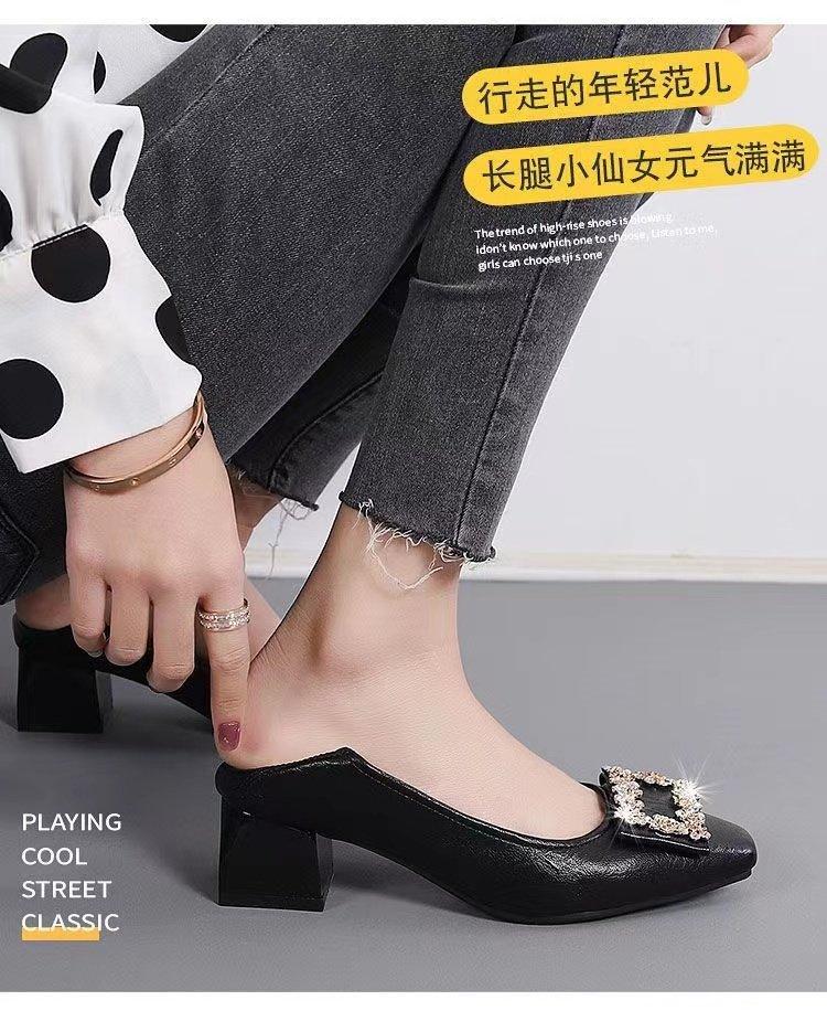 Coarse Heel Shallow Mouth Single Shoes Women's 2025 New Spring Square Head Rhinestone High Heels Medium Heel Versatile Temperament Work Shoes