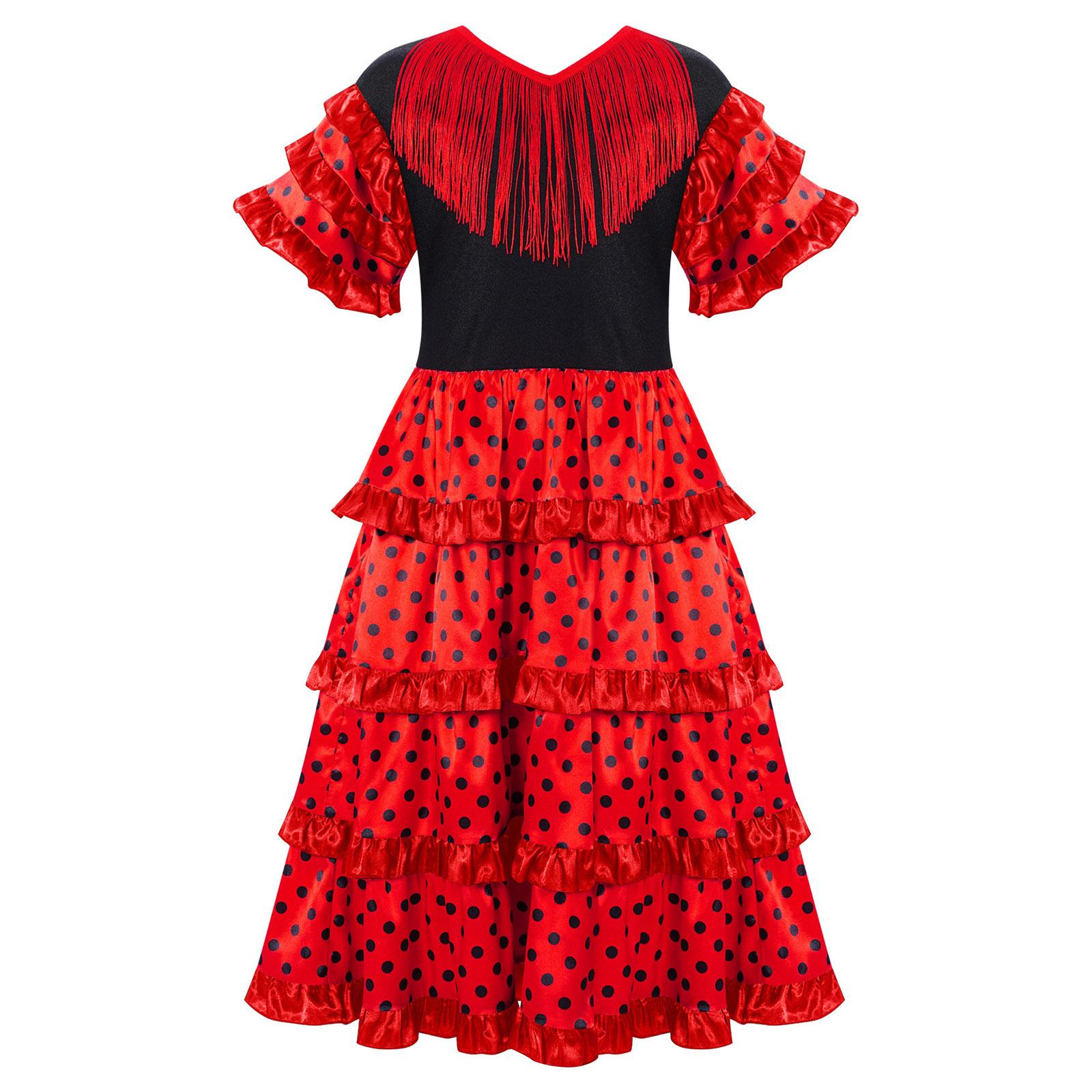 

Дівчата танцювальна сукня для фламенко, кольоровий блок, багаторівневі рюші, китиці, V-подібний виріз, костюм для сценічних виступів 13-14 Years червоний/чорний