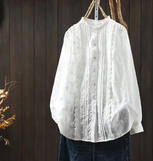 

Johnature Женские Винтажные Рубашки с Цветочной Вышивкой, Топы, Хлопковые Осенние Блузки на Пуговицах, Свободные, Милые, Мягкие Рубашки One Size белый