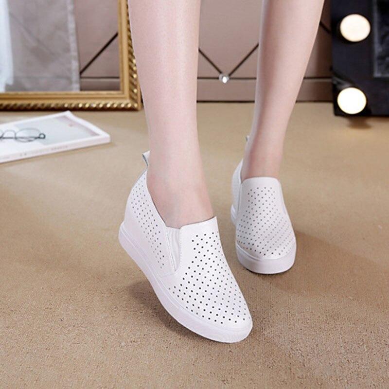 100% Genuine Leather Shoes Women Sneakers Woman Height Increasing Shoes Summer Holes Flat Platform White Shoes