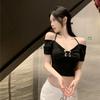 New Pure Desire Wind Off-the-shoulder Short-sleeved T-shirt Women's Summer Sweet Babes Sexy V-neck Slim-fit Top