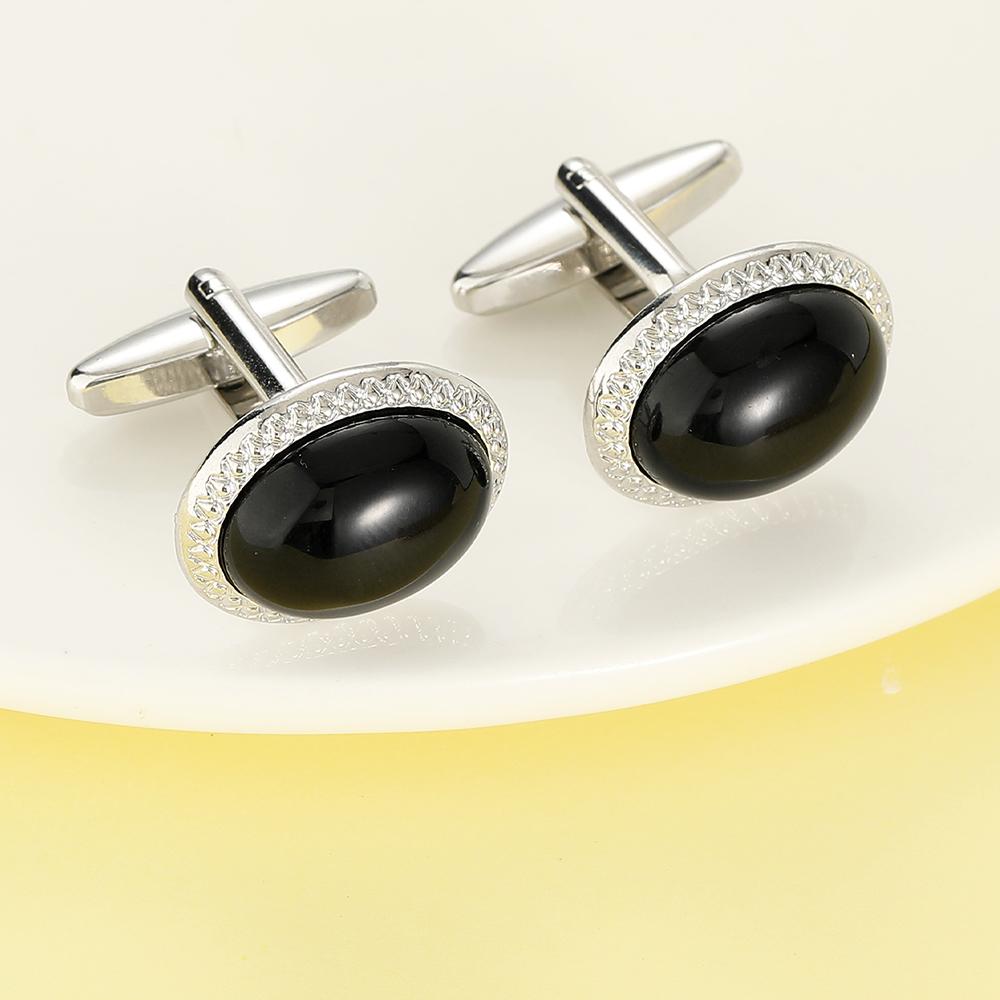 2 Pcs Black Cabochon Glass Design Mens Cufflinks Funny Oval Ellipse Shaped Sleeve Button