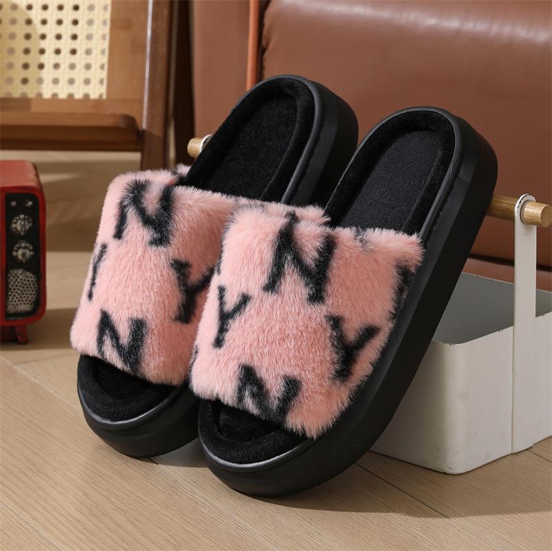 New autumn fluffy slippers women's thick bottom opening household indoor non-slip home plush cotton slippers