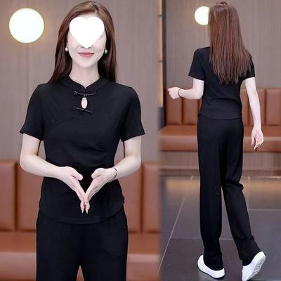 Chinese Casual Sports Suit for Women In Summer, Western-style National Style Buckle Top, Wide-leg Pants Two-piece Set