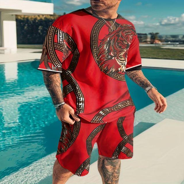 

модный мужской летний костюм повседневный этнический стиль спортивная одежда с 3D-принтом костюм с короткими рукавами свободный круглый вырез футболка 2 предмета M