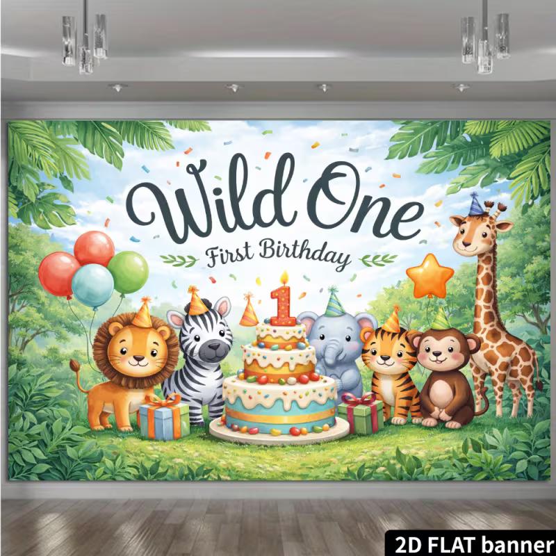 2D Jungle Wild One 1st Birthday Backdrop - Lion Tiger & Elephant Banner for Baby First Birthday Photoshoot