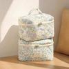 Blue Floral Quilted Cosmetic Bag Large Capacity Handheld Makeup Organizer Travel Toiletry Bag