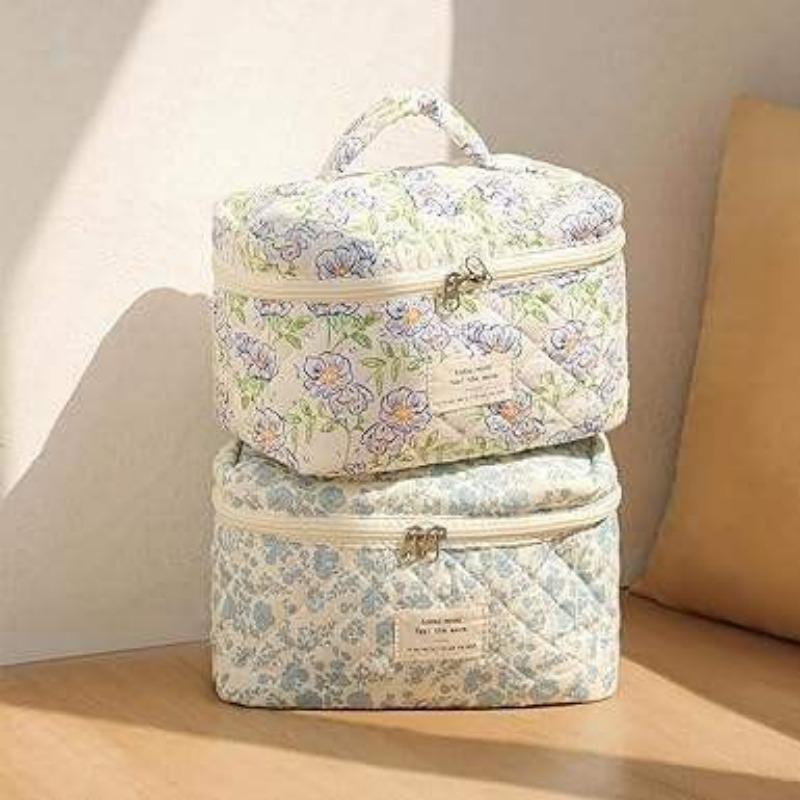 Blue Floral Quilted Cosmetic Bag Large Capacity Handheld Makeup Organizer Travel Toiletry Bag