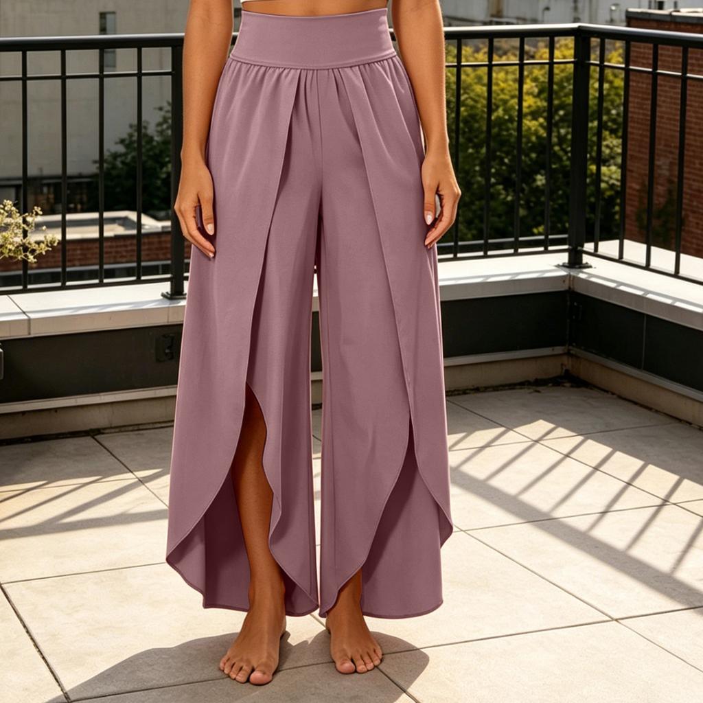 Women's High Waist Wide Leg Pants with Front Slit Loose Fit Casual Long Trousers Elastic Waistband Elegant Design for Daily Wear