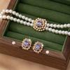 Luxury Atmospheric Elegance Double Row Imitation Pearl Square Diamond Necklace Stud Earrings Set