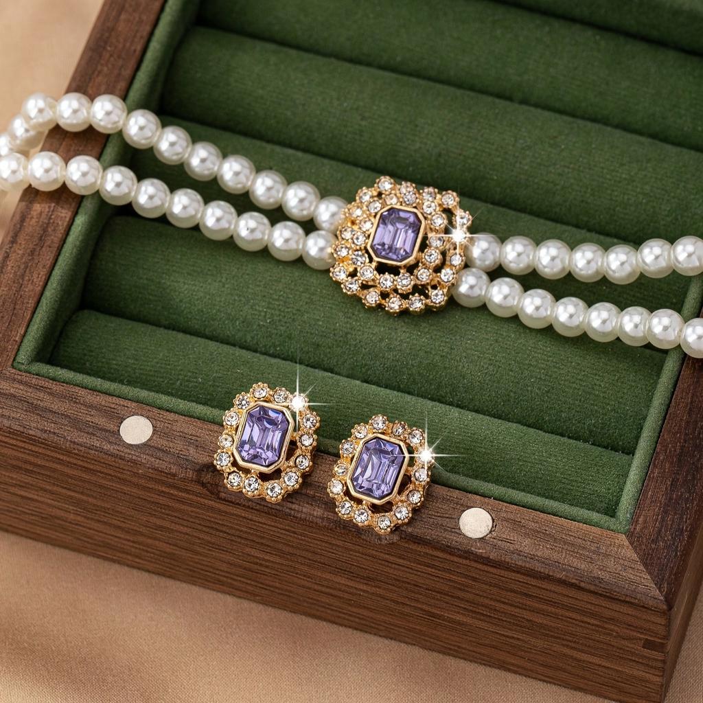 Luxury Atmospheric Elegance Double Row Imitation Pearl Square Diamond Necklace Stud Earrings Set