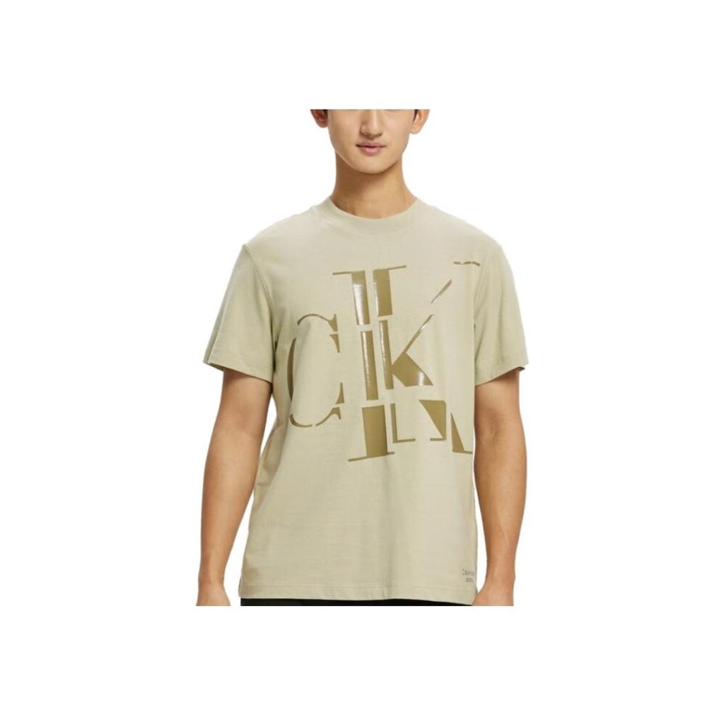 Calvin Klein Letter Print Round Neck Cotton Breathable Short Sleeve T-Shirt Men Tops Light-Khaki J321519RB8