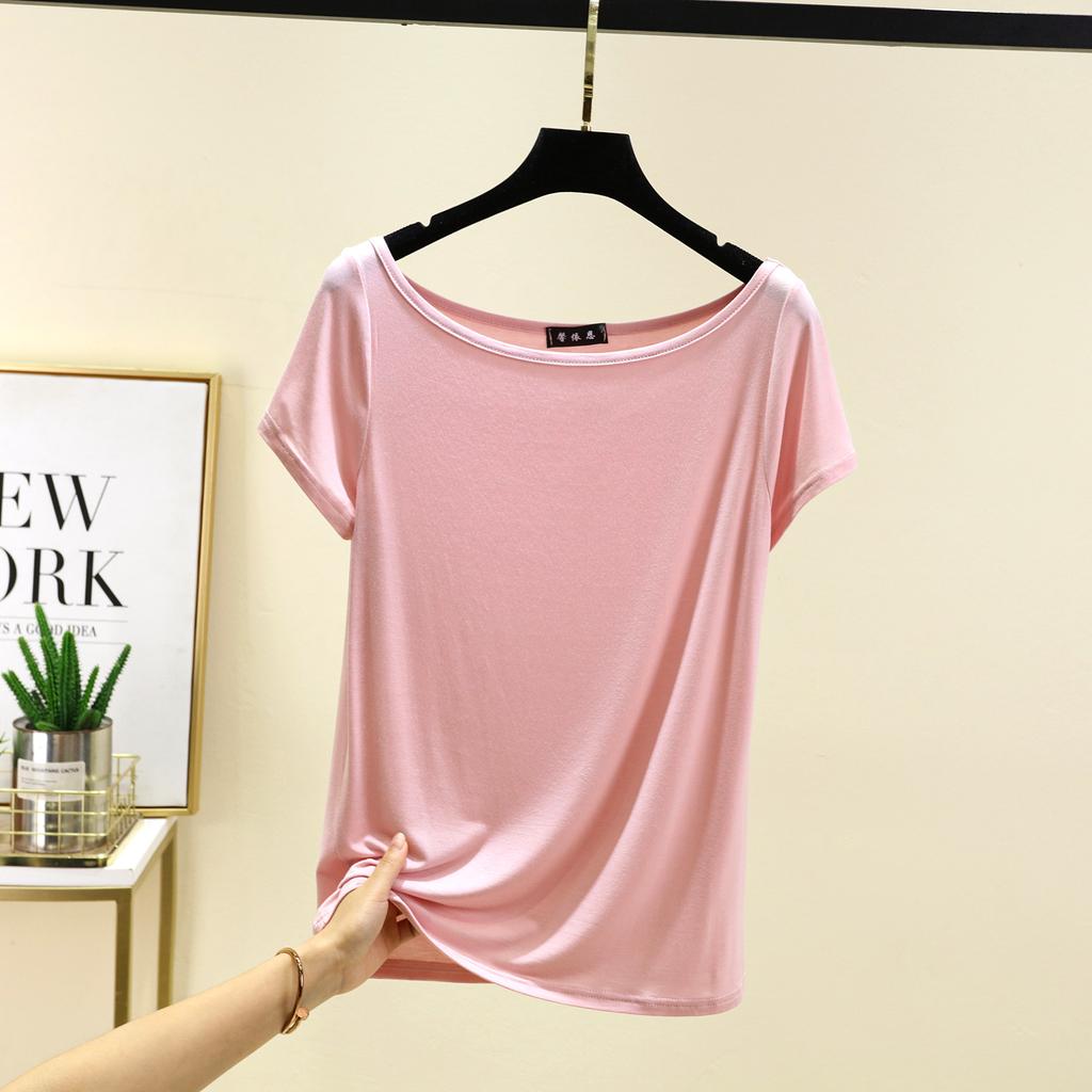 Dámské modální tričko s krátkým rukávem a odhalenými zády, lodičkovým výstřihem a odhalenými rameny, jednobarevné, volná základní vrstva, top pro větší velikosti, jednoduchá trička