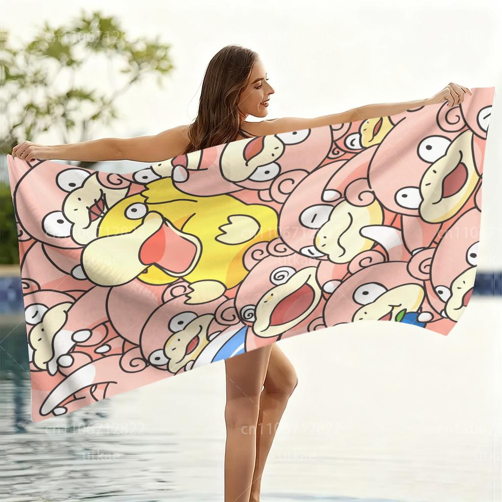 Cute Cartoon Beach Towel Psyduck & Slowpoke Oversized Microfiber Towel for Yoga Camping Outdoor