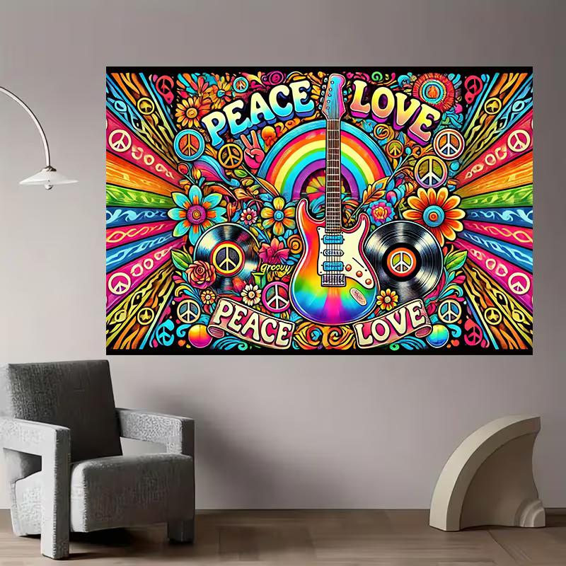 Lebendiger Psychedelischer Peace Love Wandteppich, Hippie Musik Wanddekoration mit Gitarre & Regenbogen für Schlafzimmer