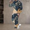 Men S Plus Size Blue Beige White Printed Two Piece Set Round Neck Long Sleeve Top Cuffed Pants