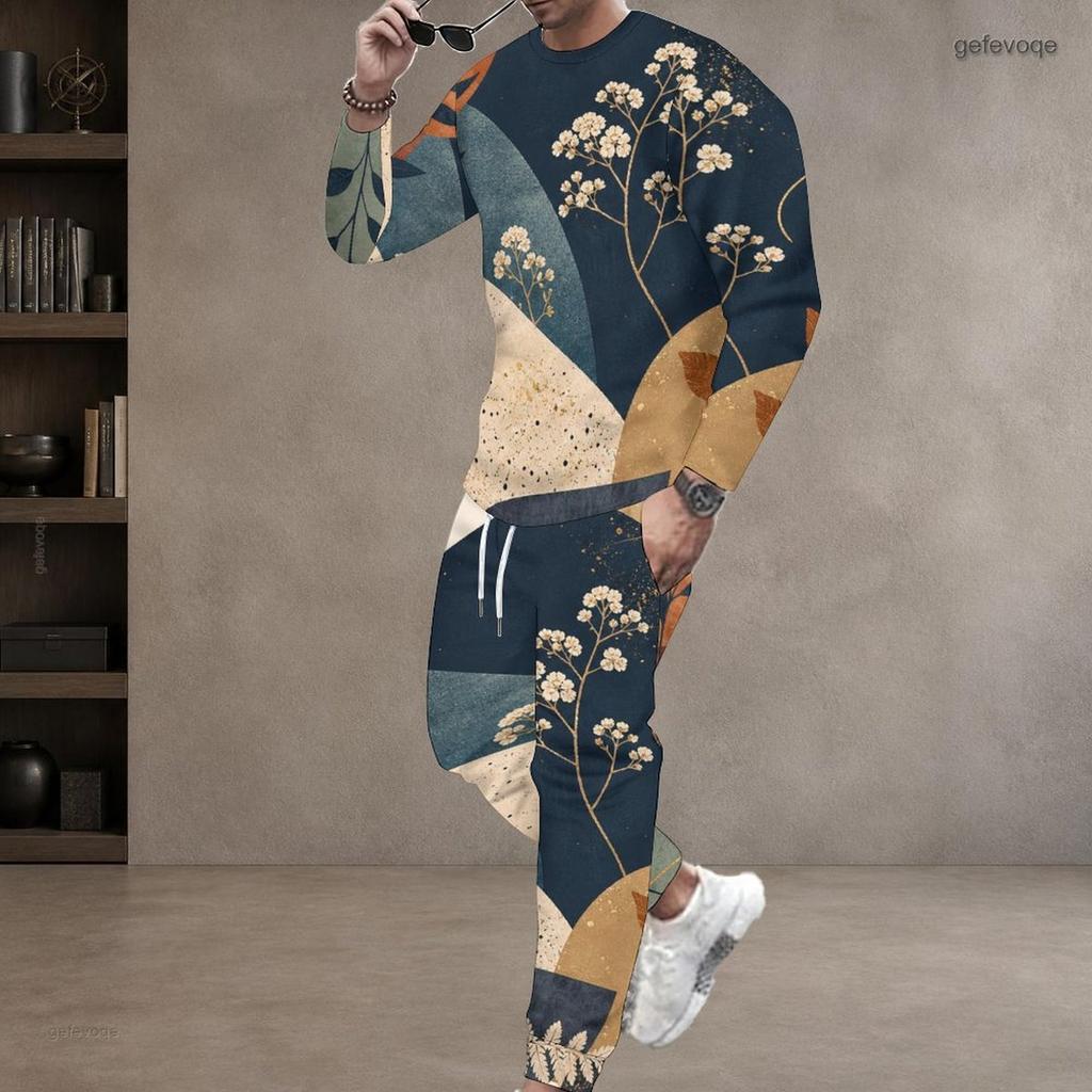 Men S Plus Size Blue Beige White Printed Two Piece Set Round Neck Long Sleeve Top Cuffed Pants
