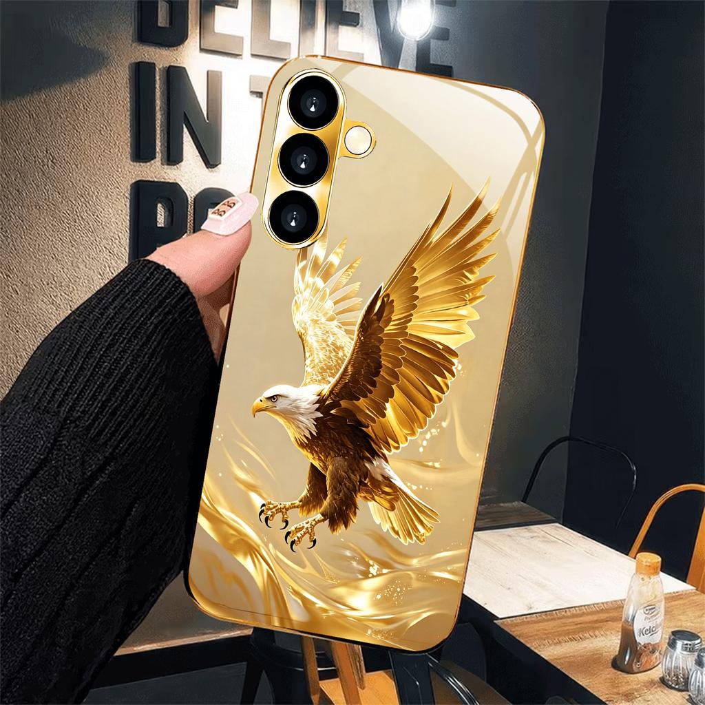 Golden Eagle Pattern Glass Phone Case Suitable for Samsung Galaxy S26 S25 S24 S23 S22 S20 FE/Ultra/Plus Anti Drop Back Cover