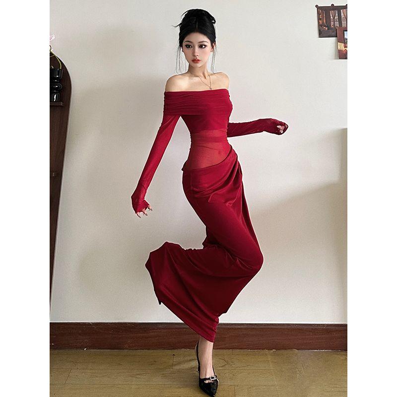 # Sisjuly# French Mesh off-Shoulder Stacking Lapel Hollow Dress Female Adult Lady like Woman Style Sexy Dress