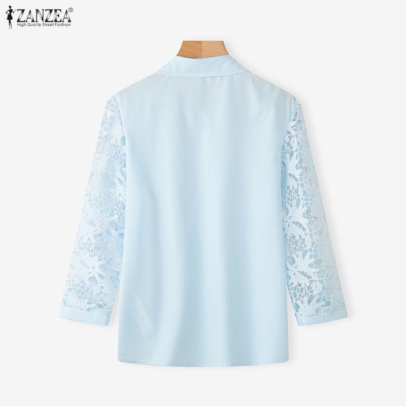 ZANZEA Women Casual Turn Down Collar Hollow Crochet Splice 3/4 Sleeve Blouse