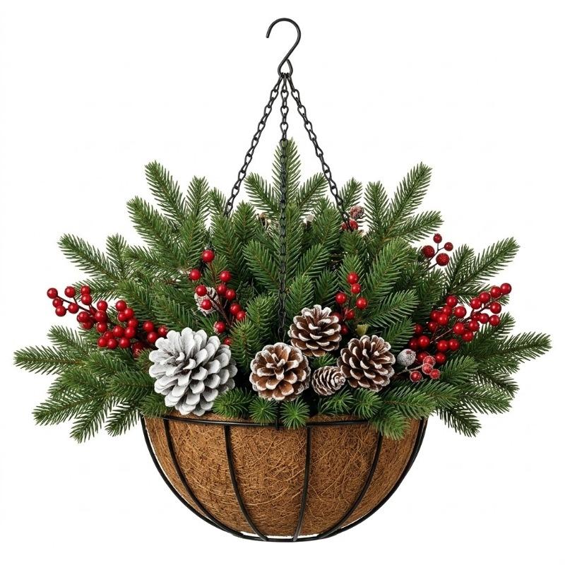 Weihnachts-Hängekorb Blumentopf Baum Halbkreisförmig Pilz Rattan Kiefernadeln Rote Früchte Band Dekorative Weihnachtsdekorationen