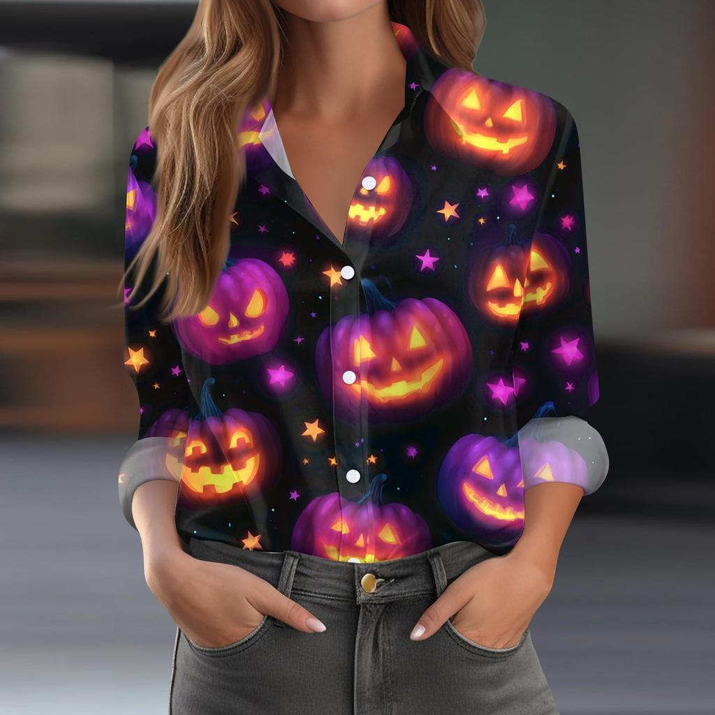Women's Halloween Printed Casual Half-Open Collar Long Sleeve Shirt