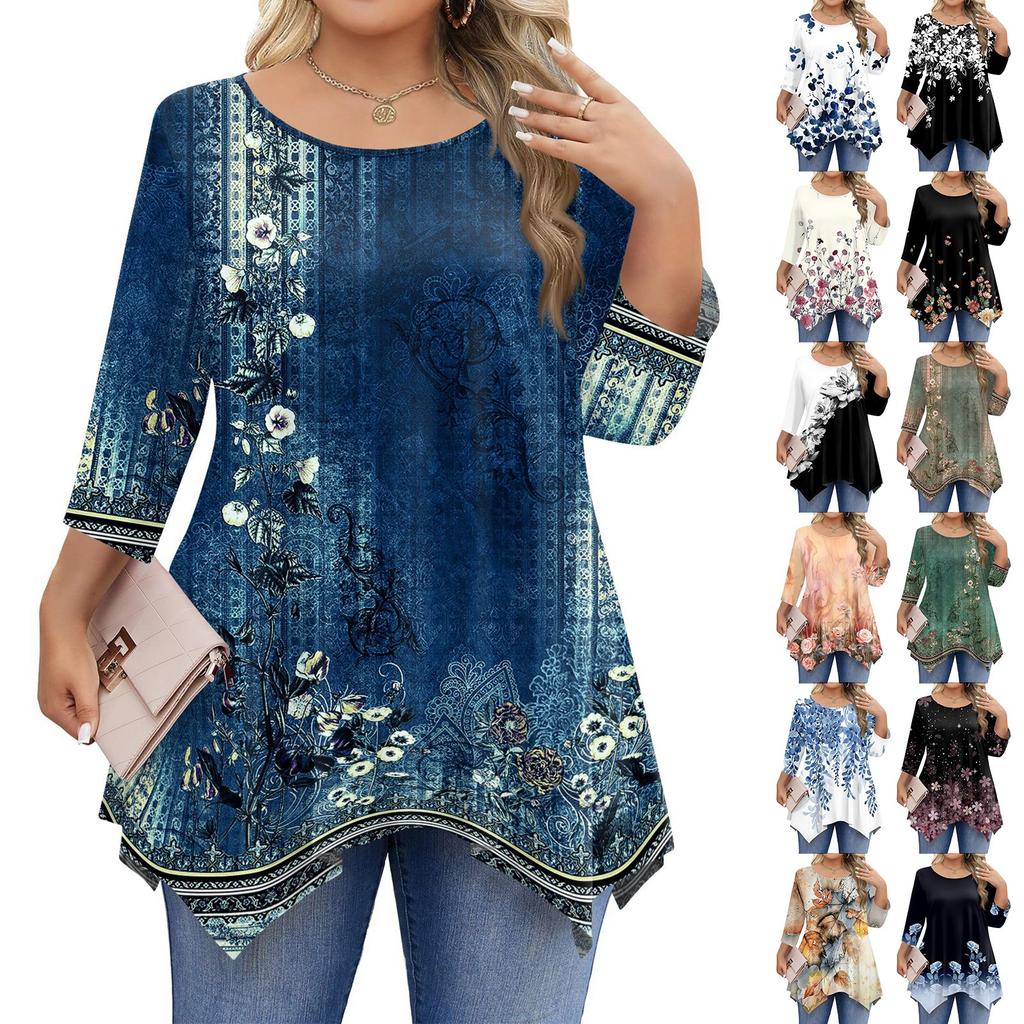 Womens Plus Size 3/4 Sleeve Shirts  Round Neck Tunic Tops Basic Loose Fit Tee Tops L-5XL