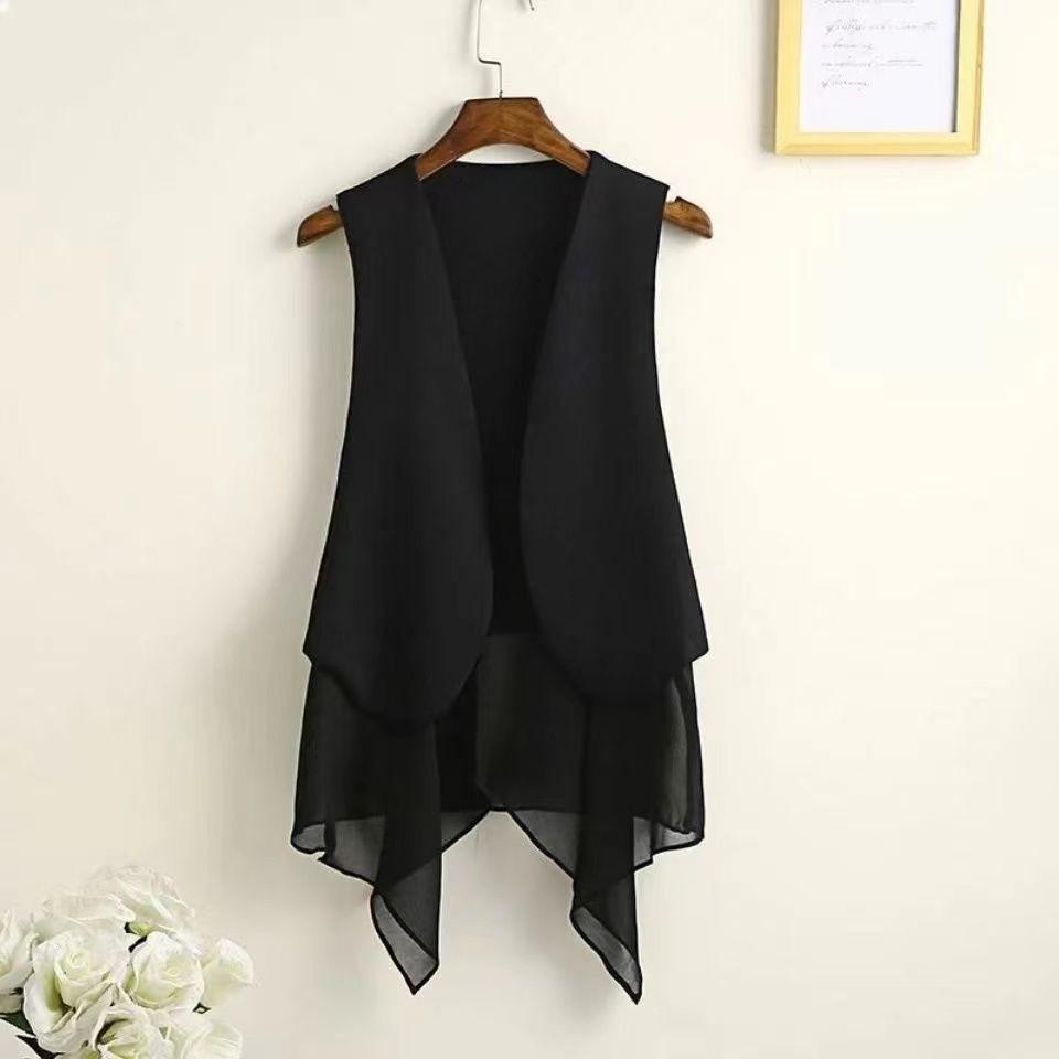 Summer Women Chiffon Vest Long Sleeveless Irregular Waistcoat Lightweight Asymmetrical Casual Outerwear